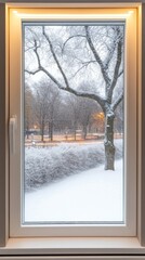 A cozy winter view through a white-framed window, showcasing a snowy landscape with icy trees and a cloudy sky