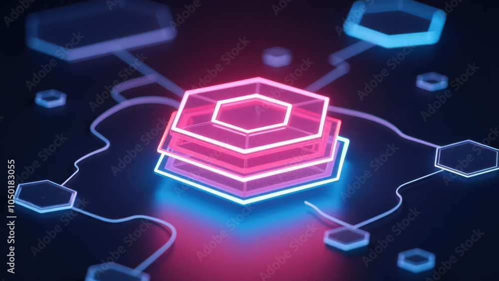 Poster computer graphics with glowing geometric shapes.