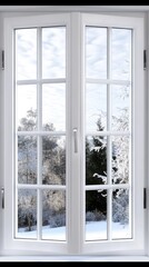 A cozy winter morning viewed through a white-framed window, showcasing a snow-covered landscape and icy trees under a cloudy sky