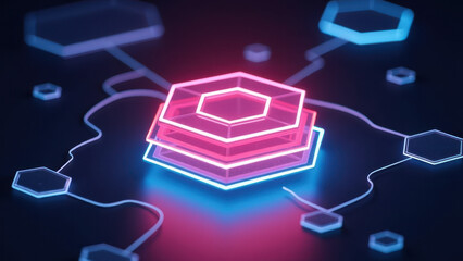 Computer graphics with glowing geometric shapes.