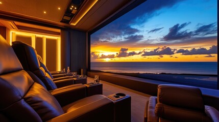 Fototapeta premium A sophisticated home theater with custom leather recliners