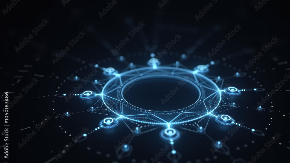 Poster advanced digital network with glowing blue circles and lines.
