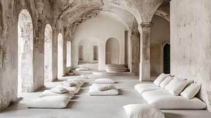 Obraz premium Serene Interior with Cushioned Seating in Minimalist Space