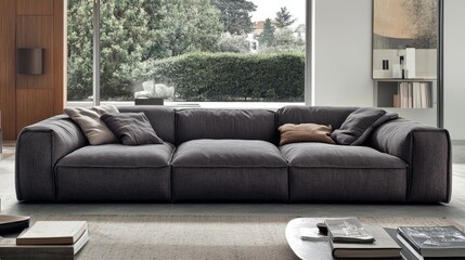 Fototapeta premium Modern gray sofa in stylish living room setting