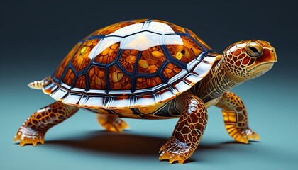 Obraz premium A whimsical amber turtle with a beautifully patterned shell, capturing the essence of marine life in a captivating decorative piece, Generative AI