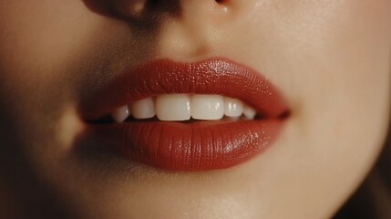 Naklejka premium Close-up of a woman's lips with red lipstick.