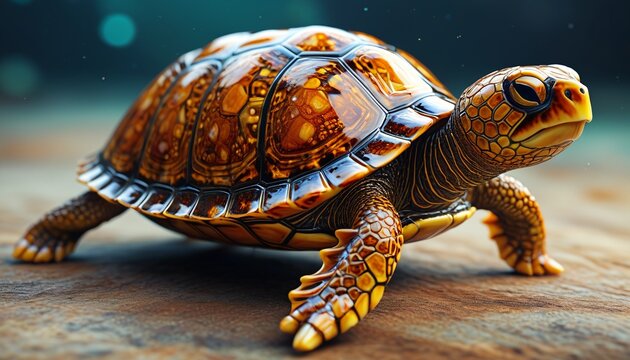 A whimsical amber turtle with a beautifully patterned shell, capturing the essence of marine life in a captivating decorative piece, Generative AI