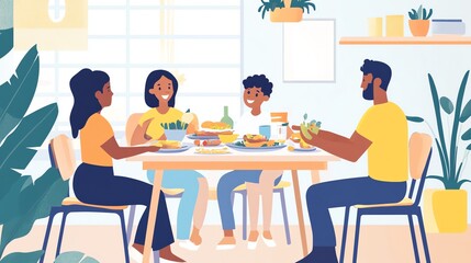 Fototapeta premium A family of four sitting at a table eating a meal together.