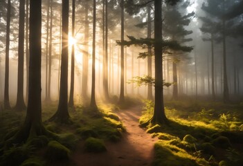 Obraz premium A tranquil forest at sunrise