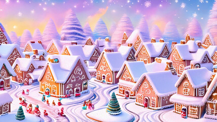 Obraz premium Christmas Gingerbread Village in a Joyful Cartoon Wonderland with Cheerful Decorations and Sparkling Details, Creating a Magical Festive Atmosphere