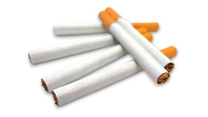 Photo of six traditional cigarettes with orange filter, isolated on white background.