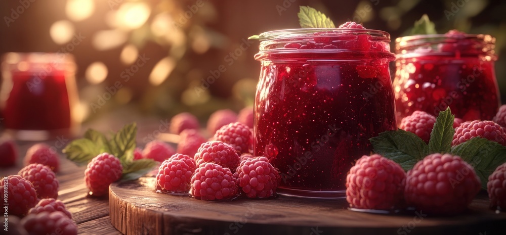 Poster two jars of raspberry jam with fresh raspberries on a wooden table.