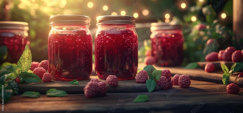 Poster jars of homemade raspberry jam on a rustic wooden table with fresh raspberries scattered around, lit