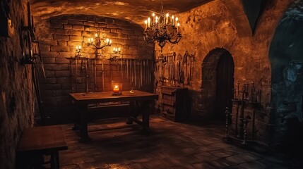Fototapeta premium A dimly lit medieval room with a table, candles, and various tools on the walls.