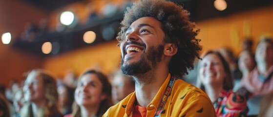 A smiling man with curly hair and a beard in a yellow shirt with a badge at a public event. The background shows a cheerful audience, creating a lively and positive atmosphere.