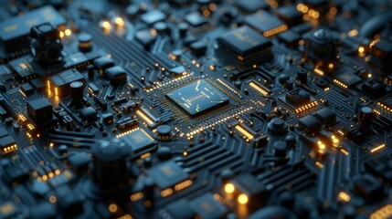 Detailed motherboard view with components like processor units, memory chips, resistors, capacitors, and transistors. Golden light illuminates the board with intricate circuits, shapes, and patterns.