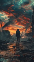Fototapeta premium A post-apocalyptic scene with a lone figure in a destroyed city, dramatic sky, and smoke rising, capturing desolation and destruction.