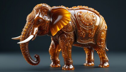 Obraz premium An elegant amber elephant with intricate details and a charming posture, representing wisdom and strength in a stunning decorative piece, Generative AI
