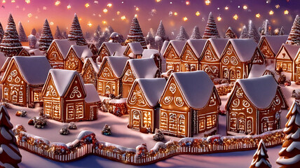 Obraz premium Christmas Gingerbread Village in a Joyful Cartoon Wonderland with Cheerful Decorations and Sparkling Details, Creating a Magical Festive Atmosphere