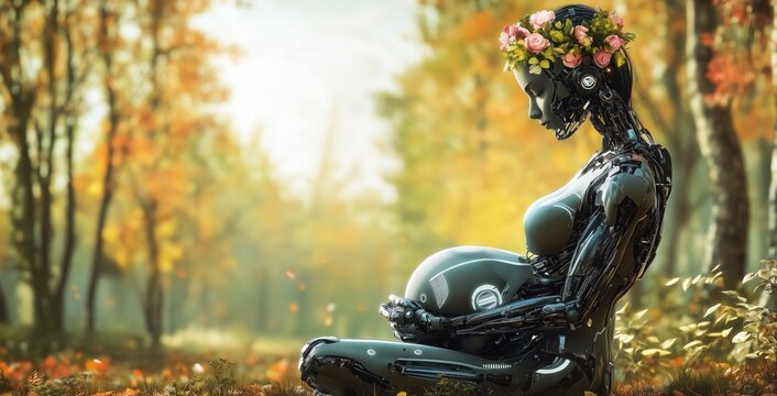 Un robot f&eacute;minin enceinte avec des fleurs dans les cheveux, assise par terre et tenant son ventre avec ses mains, sur fond de for&ecirc;t, image avec espace pour texte.