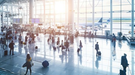Obraz premium A bustling airport terminal with travelers and aircraft ready for departure, Travel setting with aviation activity, Dynamic style