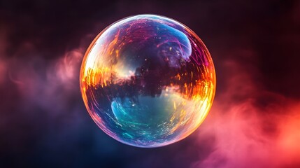 Fototapeta premium Translucent bubble in mid-air, softly lit with rainbow hues, floating against a dark, dramatic background, highlighting its delicate, shimmering surface
