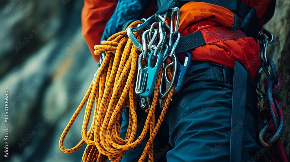 Wall mural A rock climber's harness with rope and carabiners.