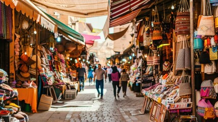 Fototapeta premium A bustling ancient marketplace with vibrant stalls and traditional architecture, historical setting with rich textures, Cultural style