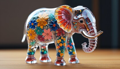 A whimsical crystal elephant with colorful patterns and a joyful expression, bringing a sense of playfulness and strength to any room, Generative AI