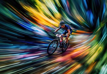 Un vététiste portant un casque et une combinaison roulant à toute vitesse dans une forêt, flou de mouvement coloré en arrière-plan.