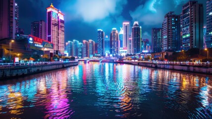 Obraz premium A bustling Asian cityscape with neon lights and high-rise buildings reflecting in a busy river, modern setting with vibrant nightlife, Urban style