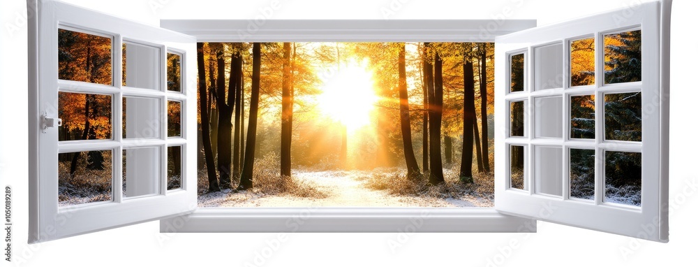 Aufkleber sunrise through an open window showcasing a winter wonderland with snow-covered trees and golden lig