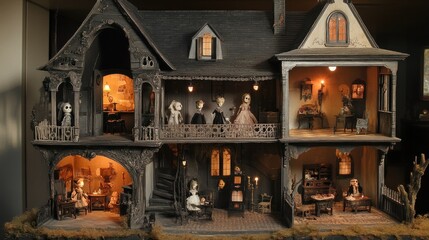 Obraz premium A detailed and ornate dollhouse with multiple rooms, lit windows and several dolls placed throughout.