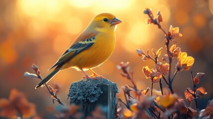 Fototapeta premium A small yellow bird perches on a wooden post with a warm sunset in the background.