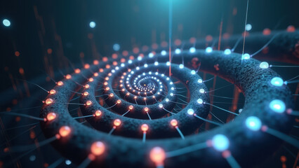 Obraz premium Futuristic, abstract spiral of colorful orbs and dots with a dark background.