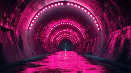 A long, dark tunnel illuminated by pink neon lights, creating a futuristic and abstract atmosphere.