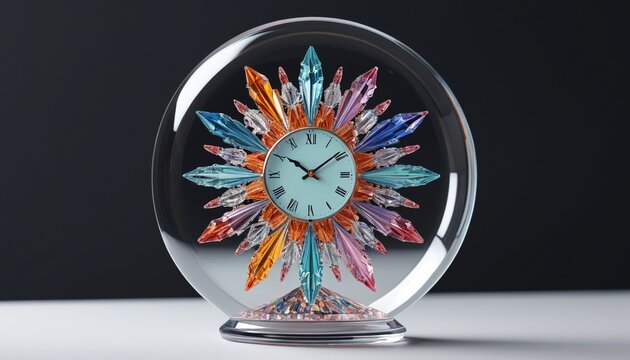 A unique crystal clock with colorful accents, blending functionality and art, making it a perfect addition to modern home decor, Generative AI