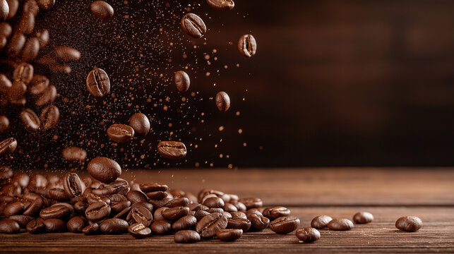 Coffee beans spilled all over the wooden table.