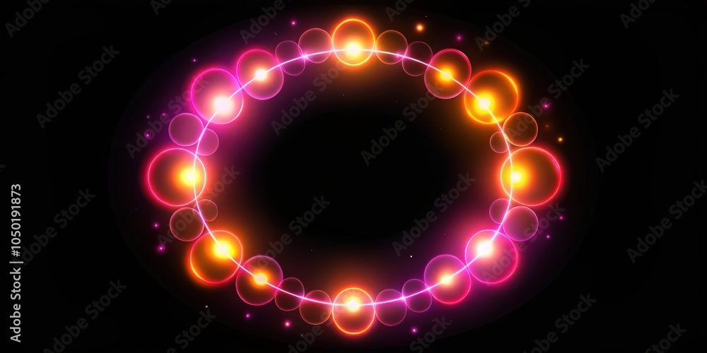 Poster a circular arrangement of glowing, overlapping orbs with a vibrant pink and orange color scheme, cre