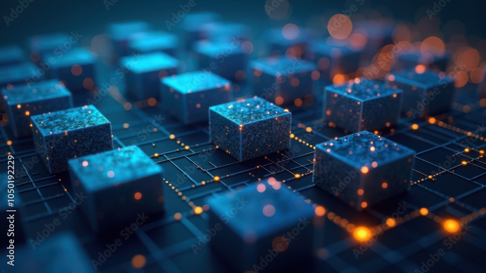 Poster high-tech digital circuit board with interconnected lighted squares and pathways.