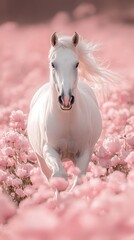 A graceful white horse gallops through a vibrant field of pink peonies under soft pastel light