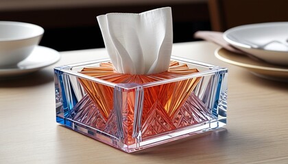 A beautiful crystal napkin holder with vibrant hues, adding elegance and color to dining tables while keeping napkins organized, Generative AI
