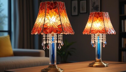 An artistic crystal lamp with colorful glass shades, creating a warm and inviting glow in living spaces or bedrooms, Generative AI