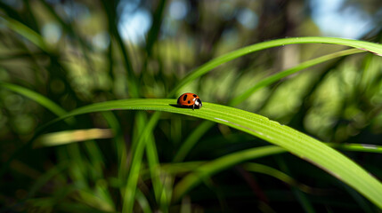 Ladybug on broad leaf with vibrant spots against greenery, nature's charming contrast in outdoor setting.