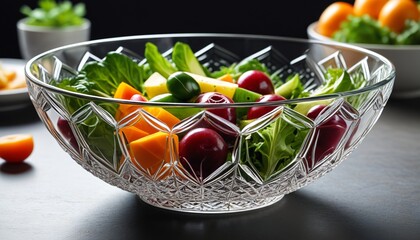 An elegant crystal serving bowl with vibrant designs, ideal for presenting salads or snacks at gatherings and celebrations, Generative AI