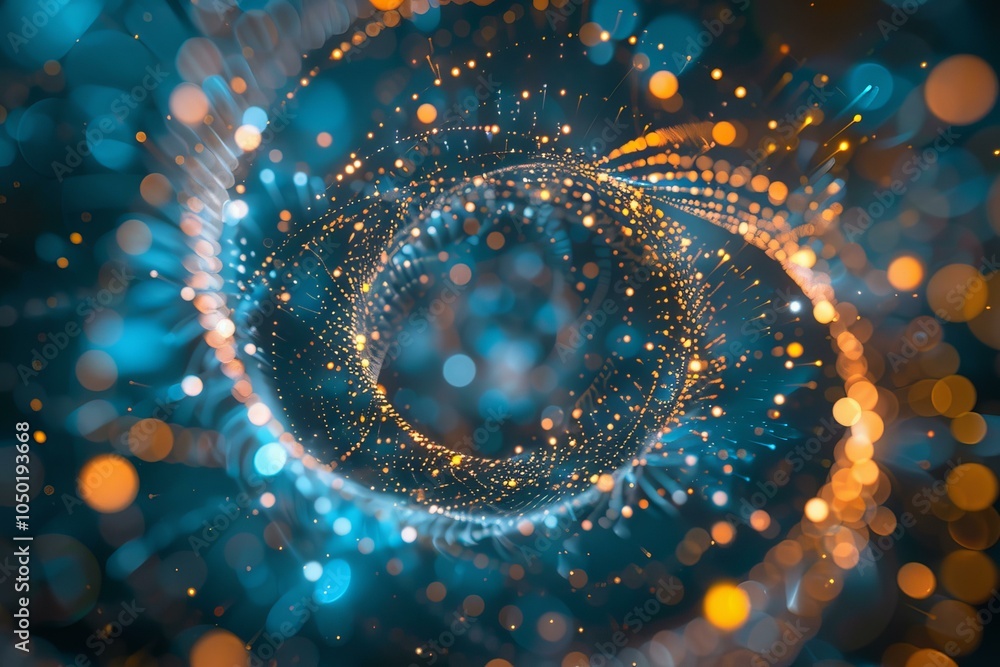 Poster abstract circular shape made of particles creating tunnel effect on dark blue background