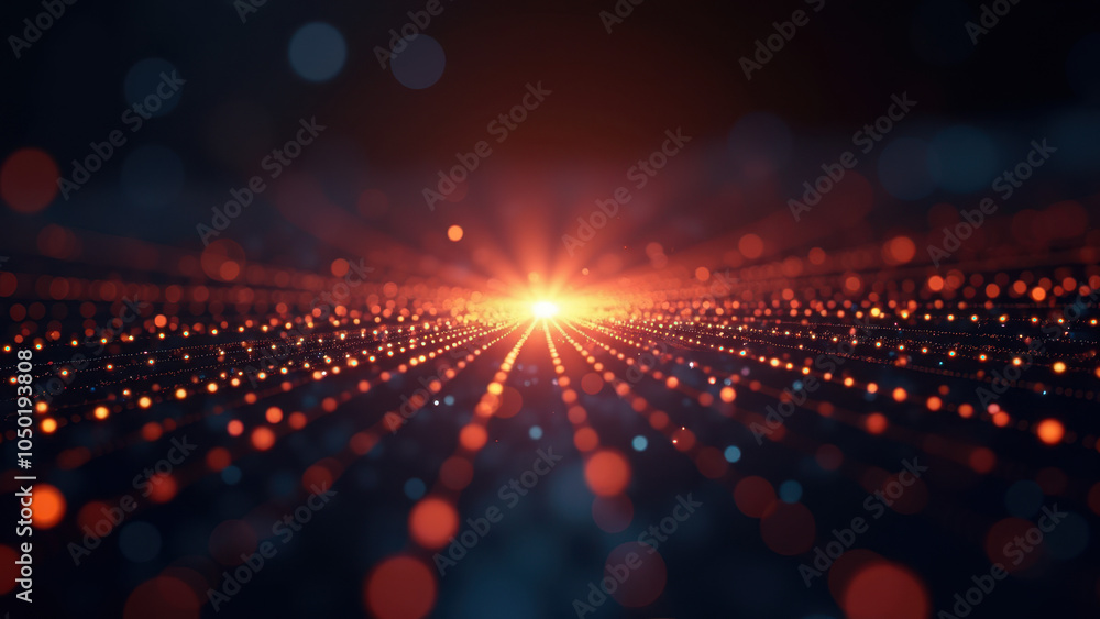 Aufkleber abstract digital network with glowing orange dots and a bright light source in the background.