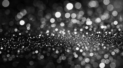 Fototapeta premium Silver glitter shimmering on a black background creates a beautiful bokeh effect, perfect for festive designs