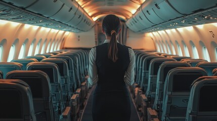 Fototapeta premium Cabin Management: A stewardess organizing the cabin, ensuring everything is in order before takeoff