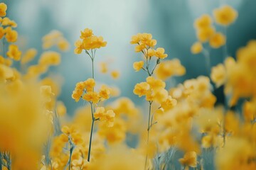 Yellow flowers blooming in spring meadow with blurred background